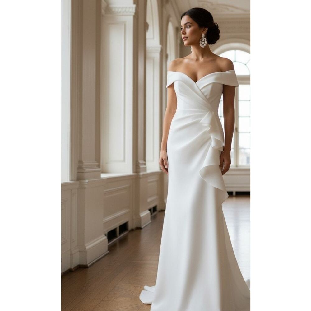 Xscape Off‑Shoulder White Gown • Size 12 • NWT • Minor Hem Spot